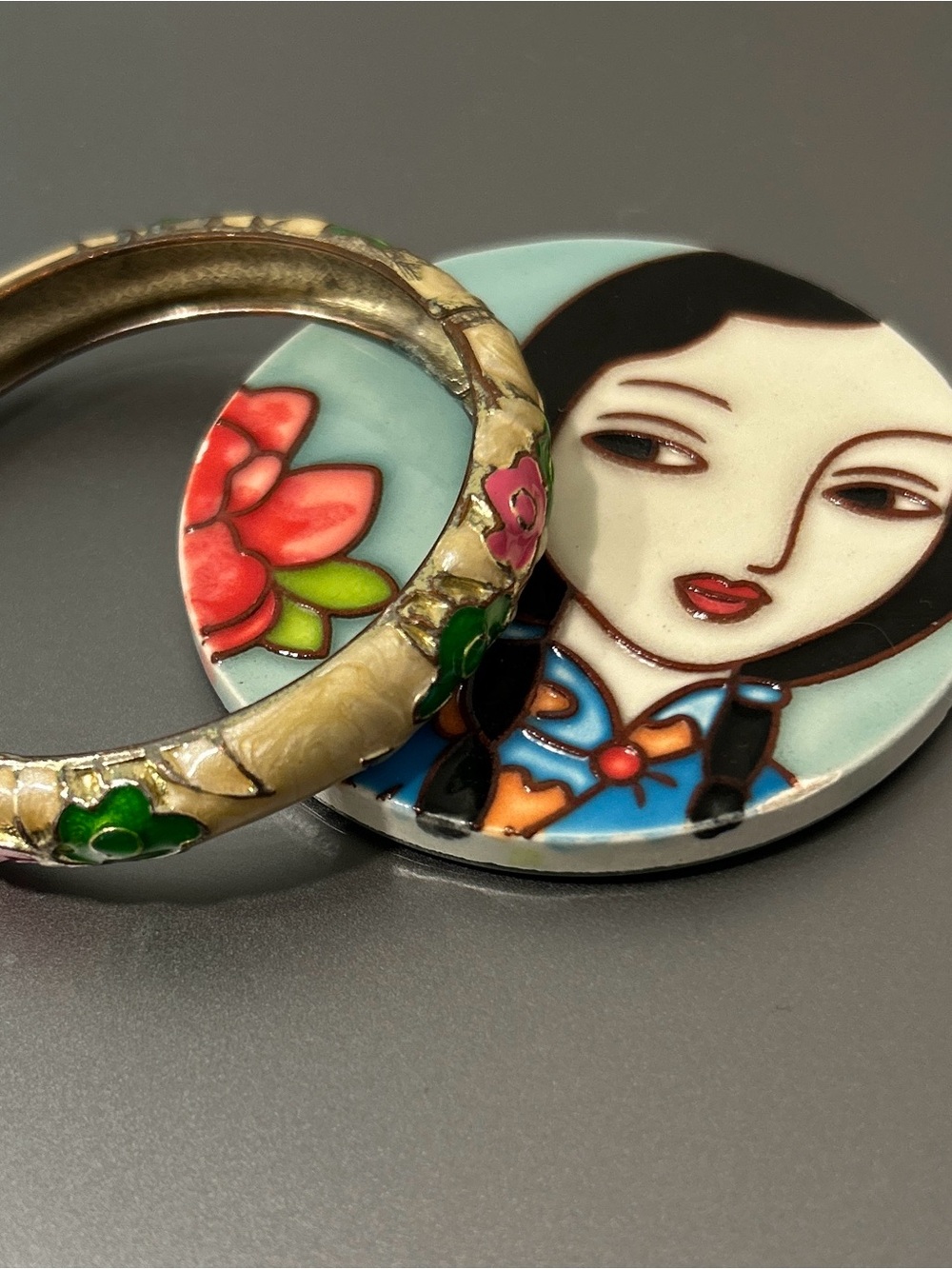 Enamel Floral Bangle and Hand-Painted Mirror Bundle